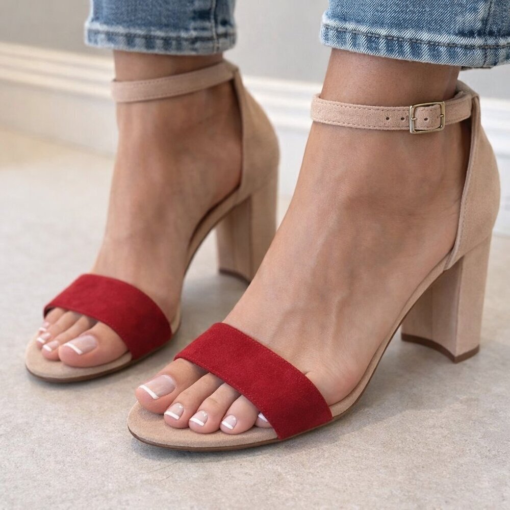 EUC Manolo Blahnik Lauratomod Velukid Block Heel Sandals Tan Rusty Red 38 or 8